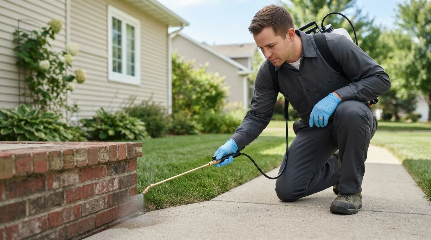 Pest control technician treating a home near Ogallah, KS